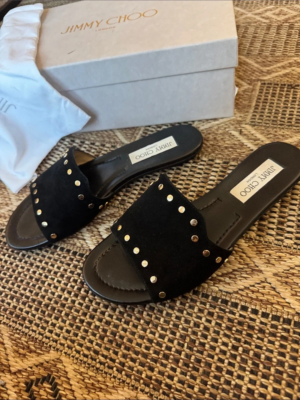 JIMMY CHOO Nanda Studded Slide Suede Flat Sandal Black Gold Size 38 (8)